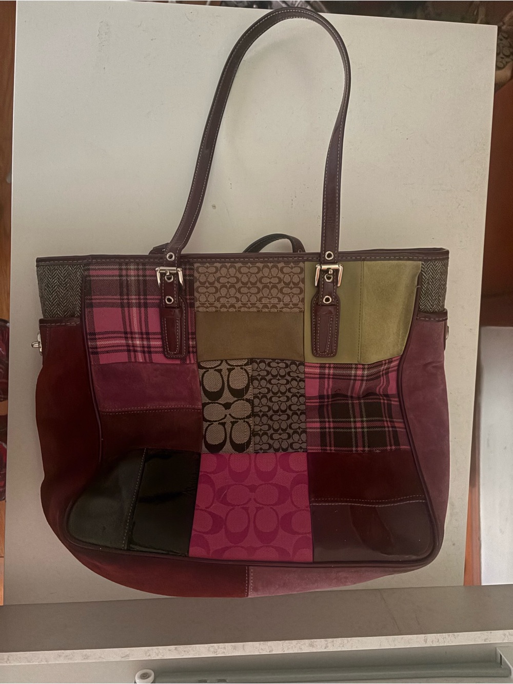 Coach Patchwork Tote in Pink, Olive & Dark Brown